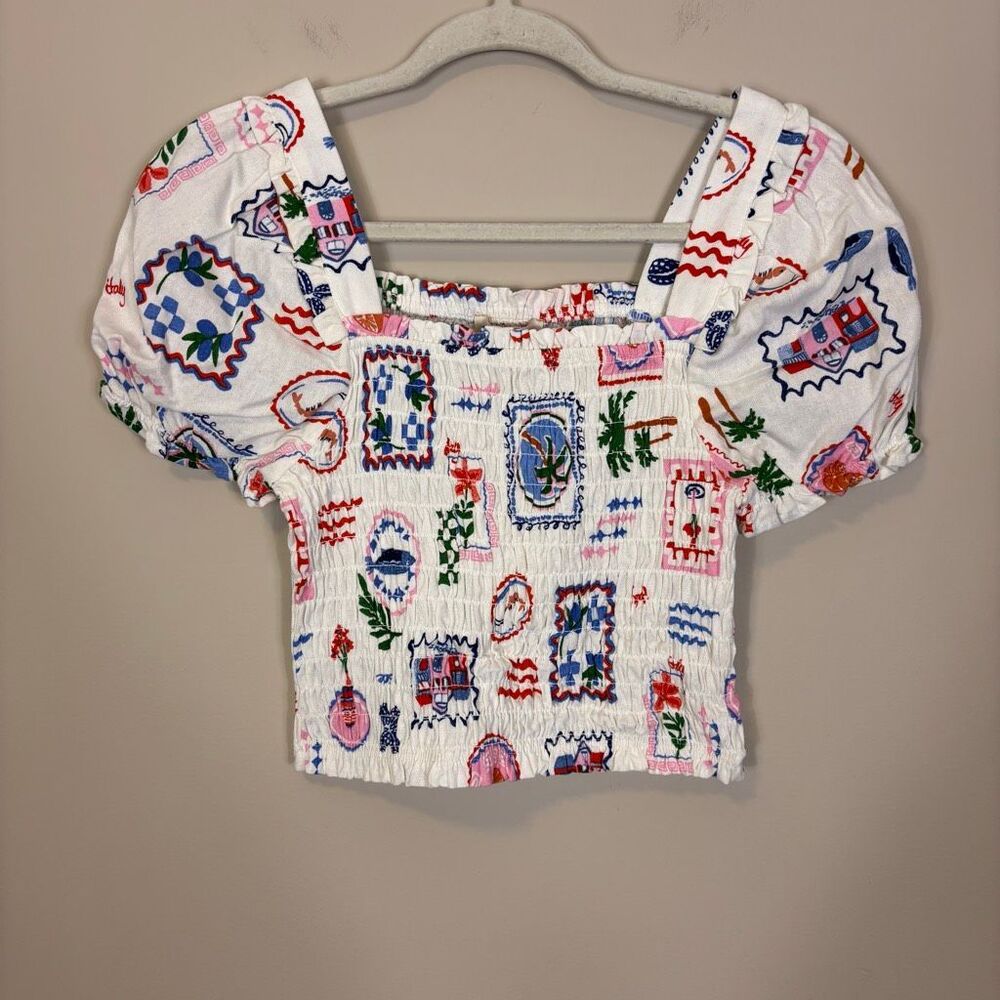 New Monteau White with Pink & Blue Colorful Italy Print Smocked Top Small